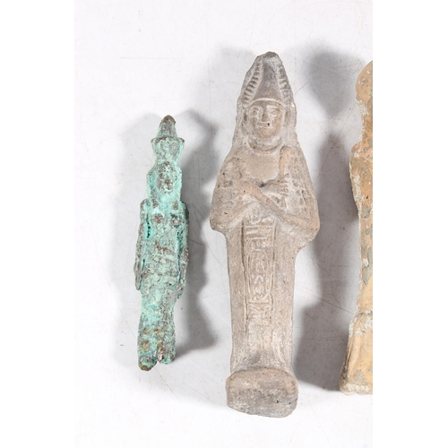 470 - Egyptian ushabti funerary figure, 14.5cm tall, a Chinese pottery tomb figure, 13cm figure, and a met... 