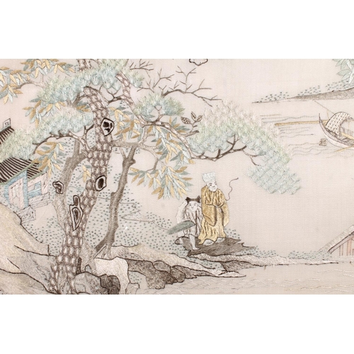 547 - Late 19th century Chinese embroidery finely worked on silk, depicting figures in a watery landscape ... 