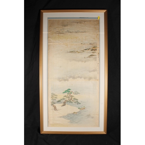 548 - Large framed scroll painting of a landscape, depicting two ancient pine trees growing beside water w... 