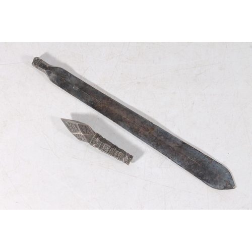 603 - Chinese silver paper knife with geometric decoration, signed, a.f.