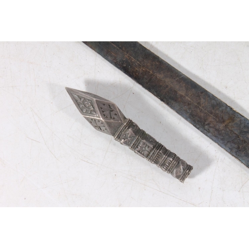 603 - Chinese silver paper knife with geometric decoration, signed, a.f.