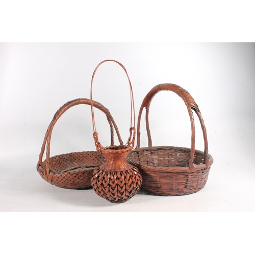 608 - Small finely woven bulbous Japanese basket Meiji period with elongated top handle and two further Ja... 