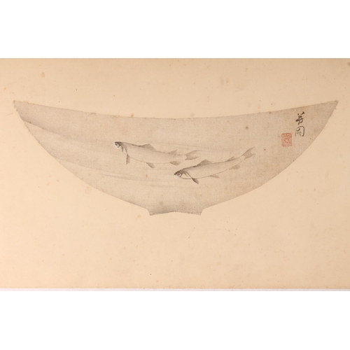 611 - Small Japanese painting on cloth of two fish swimming in a bowl, 12cm x 18cm.