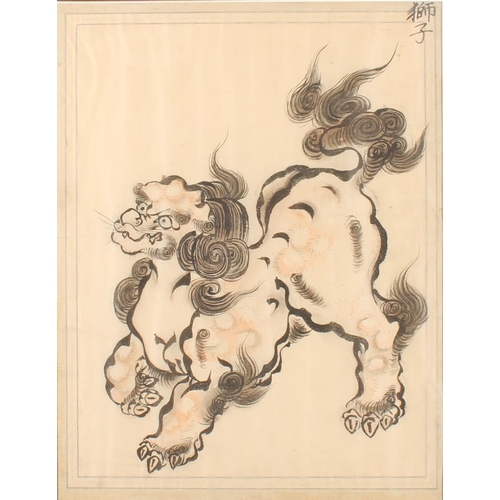 615 - Late 19th or early 20th century ink and wash drawing of a lion dog, framed and glazed, 36cm x 28cm.