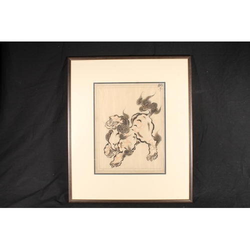 615 - Late 19th or early 20th century ink and wash drawing of a lion dog, framed and glazed, 36cm x 28cm.