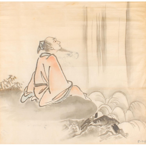 616 - Late 19th or early 20th century ink and wash drawing of a man dreaming by the side of a waterfall, f... 