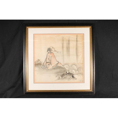 616 - Late 19th or early 20th century ink and wash drawing of a man dreaming by the side of a waterfall, f... 