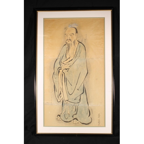 617 - Late 19th or early 20th century ink and wash drawing of a standing figure in a blue robe, signed, fr... 