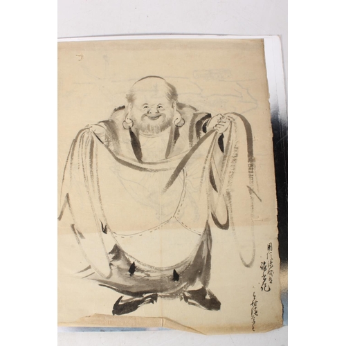 618 - Late 19th or early 20th century ink and wash drawing of a man holding up some cloth, 33cm x 26cm, an... 