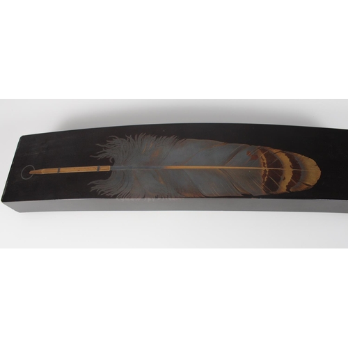 537 - 19th century Japanese lacquer ‘feather’ box, the bowed elongated rectangular box in black lacquer em... 