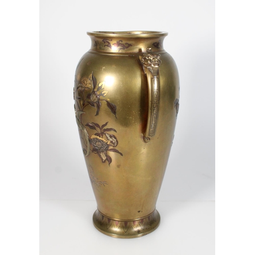 539 - Large 19th century inlaid Japanese bronze vase with incised and relief decoration of a song bird and... 