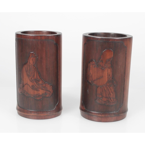 542 - Pair of Chinese late 19th century bamboo brush pots depicting low relief images of Shou Lao and Guan... 