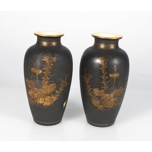 543 - Pair of Japanese Satsuma ceramic vases, black and gilt decoration depicting butterflies and flowerin... 