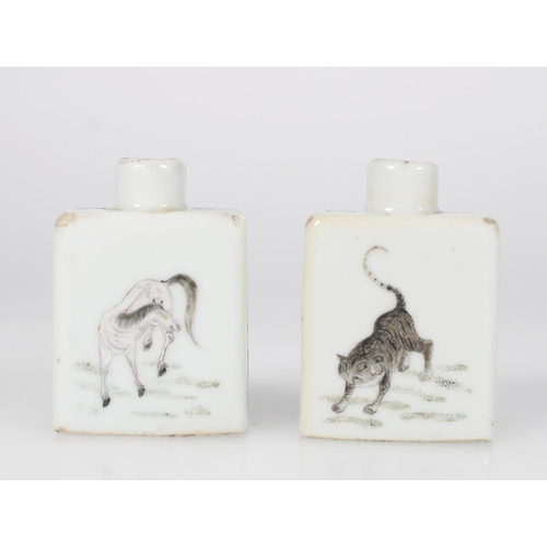 544 - Pair of late 19th century Chinese square snuff bottles decorated with figures, and horse and tiger, ... 