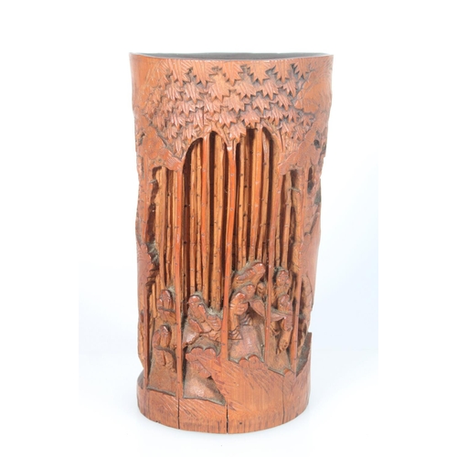 550 - Pair of large 19th century bamboo brush pots depicting figures at ease in a bamboo forest, 24cm x 13... 