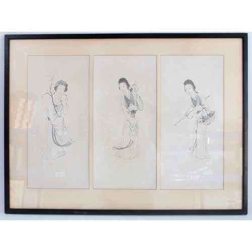 564 - Three fine ink drawings of Chinese women holding a branch, a flower and a basket of flowers, framed ... 