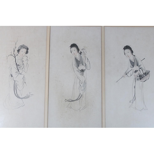 564 - Three fine ink drawings of Chinese women holding a branch, a flower and a basket of flowers, framed ... 