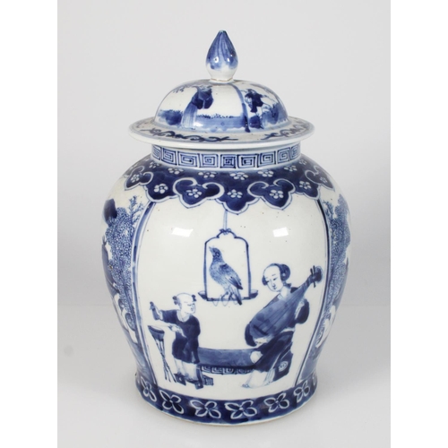 565 - 19th century Chinese blue and white jar and cover, the domed lid with teardrop finial, decorated wit... 