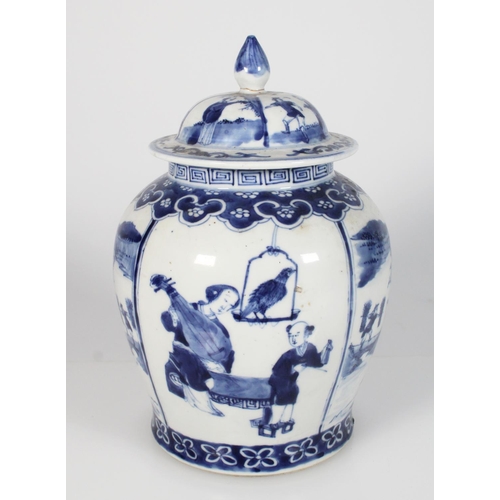 565 - 19th century Chinese blue and white jar and cover, the domed lid with teardrop finial, decorated wit... 