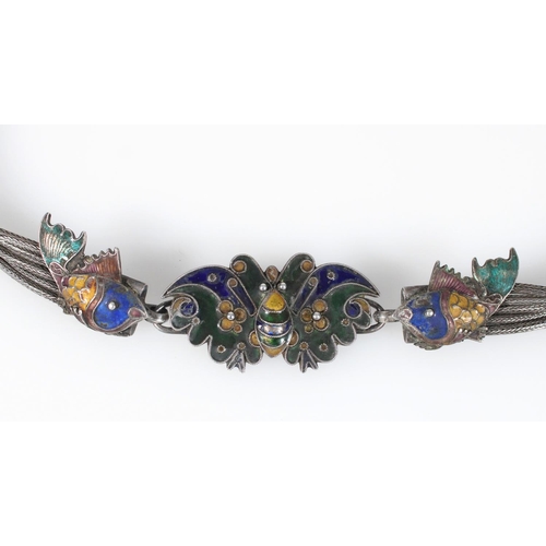 567 - 19th century Chinese five strand woven silver belt with enamelled detail of butterfly and fish at th... 