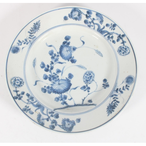 568 - 18th century Chinese blue and white plate with flower basket decoration, 22cm and three other plates... 