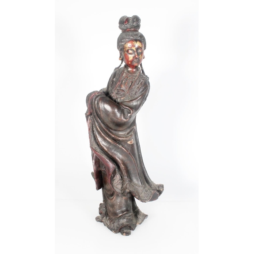 578 - Large 19th century carved wooden figure of Quanyin with lacquered decoration, partially gilded, 53cm... 