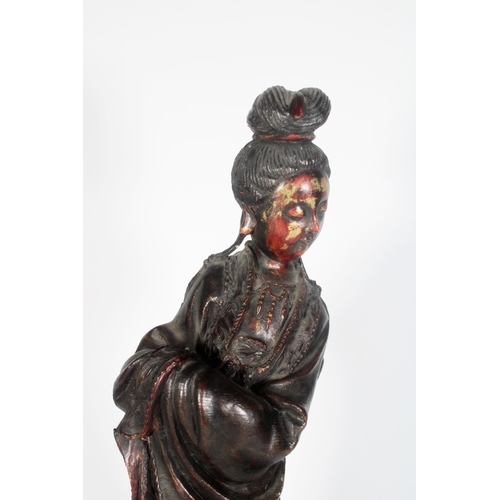 578 - Large 19th century carved wooden figure of Quanyin with lacquered decoration, partially gilded, 53cm... 