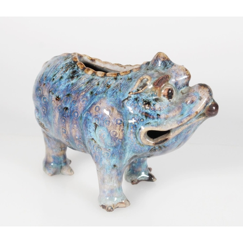 583 - Blue purple flambé glazed stoneware model of Lui Hai’s three-legged toad with moulded and incised de... 