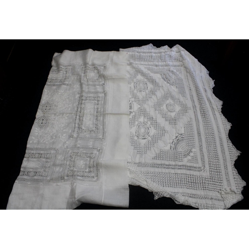 584 - Two late 19th century pieces of fine white work, a Chinese table cloth with elaborate drawn thread w... 