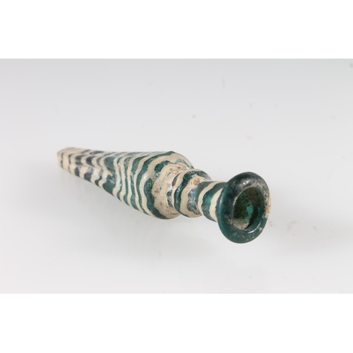 475 - Ancient Greek glass alabastron scent bottle, the green glass body with white striped decoration, 8.5... 