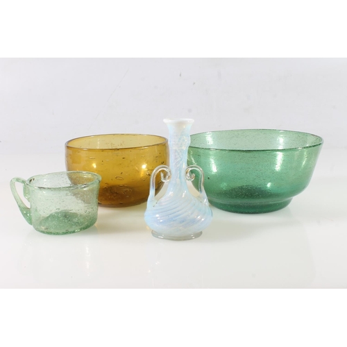 477 - Four pieces of glass to include an opalescent glass squat baluster vase with flaring rim and scroll ... 