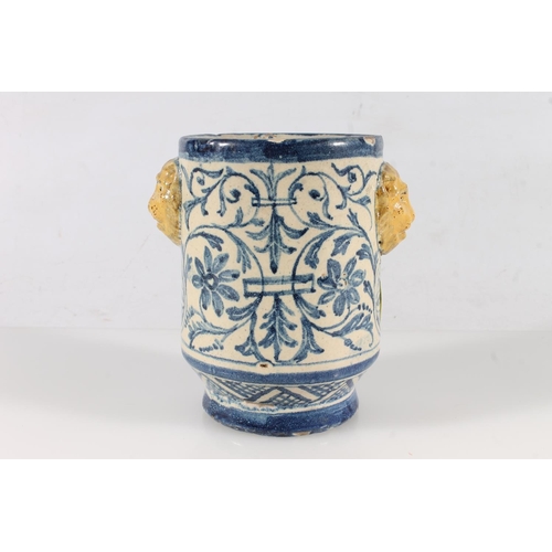 478 - Antique blue and white earthenware albarello, with two lion mask handles, 14.5cm.