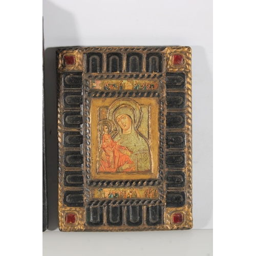 494 - Serbian religious icon, the reverse with label reads 'Gottesmutter Smolenskaja', 42cm tall and anoth... 