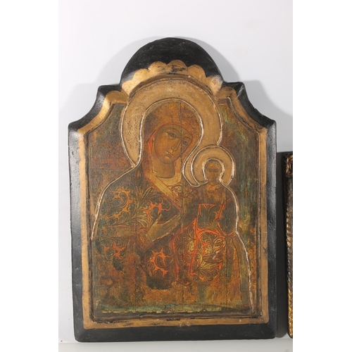 494 - Serbian religious icon, the reverse with label reads 'Gottesmutter Smolenskaja', 42cm tall and anoth... 