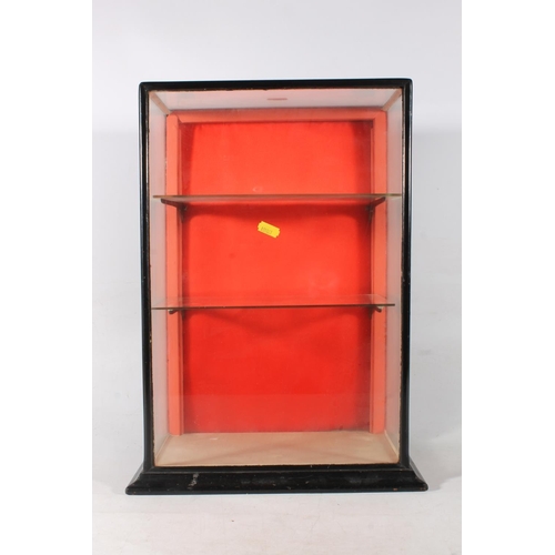 506 - Ebonised wooden glazed table top display case with two glass shelves, 46cm x 30cm x 19cm.