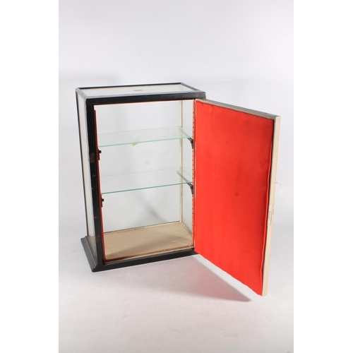 506 - Ebonised wooden glazed table top display case with two glass shelves, 46cm x 30cm x 19cm.