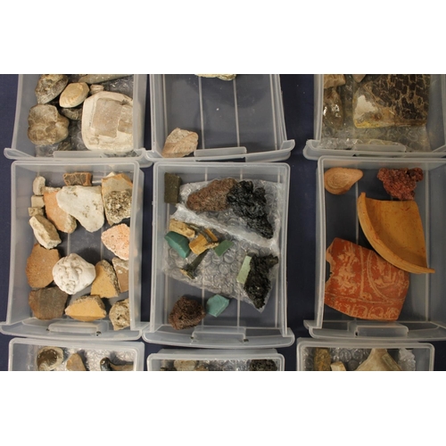 515 - Group of minerals, pottery shards and fossils to include trilobite, shark tooth, ammonites, lapis, l... 