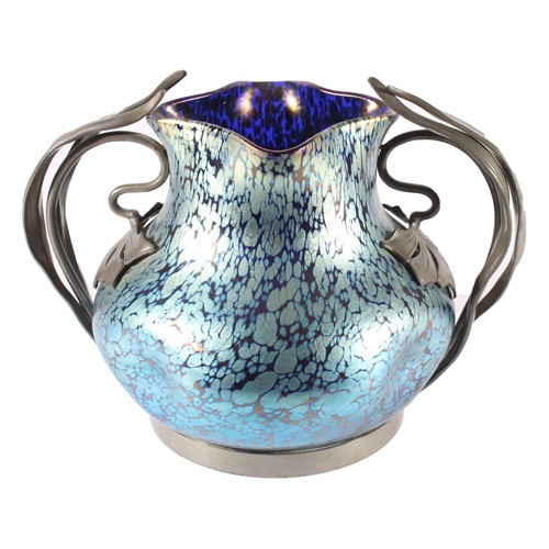 Loetz Jugendstil Art Nouveau 'Papillon' Iridescent glass and pewter vase, c1905, the pleated rim leading to dimpled body, with applied organic floral form pewter handles and plain round base, H21cm.