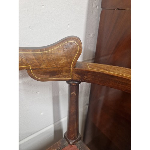 586 - Pair marquetry inlaid mahogany tub chairs in pink upholstery 