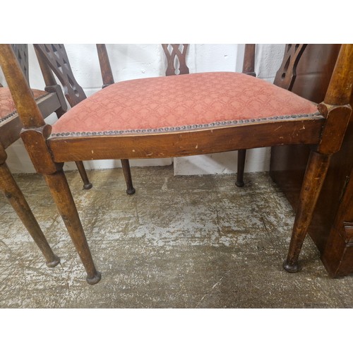 586 - Pair marquetry inlaid mahogany tub chairs in pink upholstery 