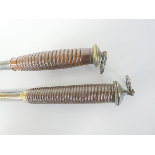 383 - Two antique 19th century telescopic salmon gaffs with brass shafts, extending steel hooks and with r... 