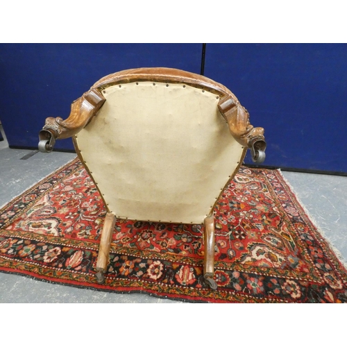 408 - Victorian button back nursing chair in beige velvet upholstery, raised on cabriole supports. Height ... 