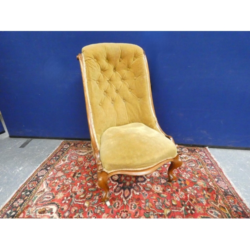 409 - Victorian button back nursing chair in lime velvet upholstery, raised on cabriole supports. Height 9... 