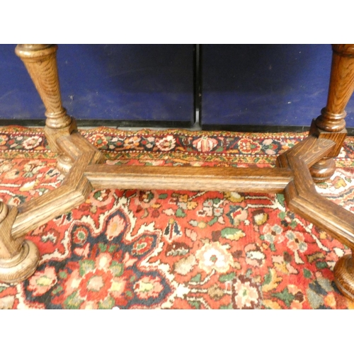 413 - Jacobean revival oak occasional table with three plank top above single drawer and rasied on turned ... 