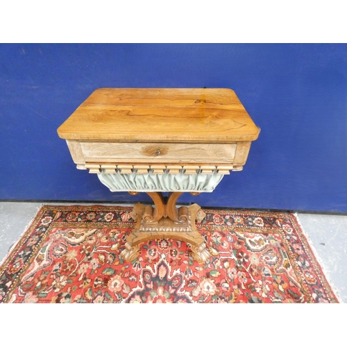 418 - Victorian rosewood work table with rounded rectangular top, with drawer raised on shaped supports an... 