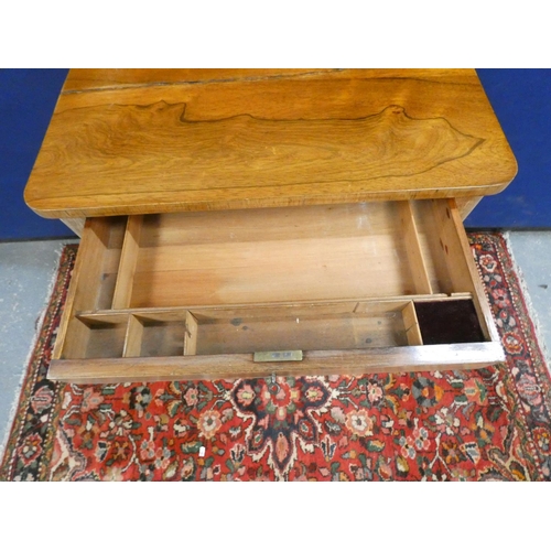 418 - Victorian rosewood work table with rounded rectangular top, with drawer raised on shaped supports an... 