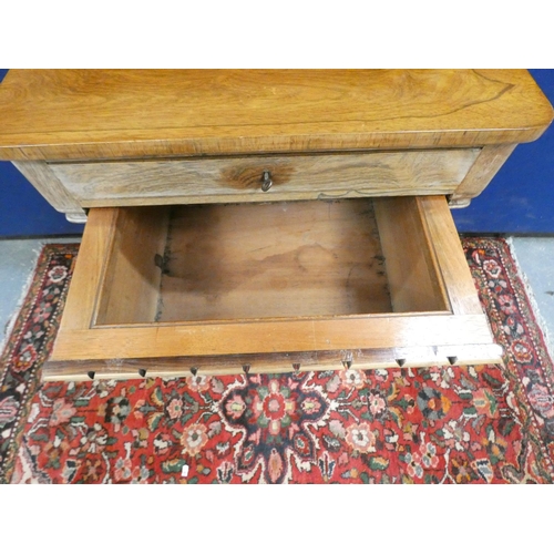 418 - Victorian rosewood work table with rounded rectangular top, with drawer raised on shaped supports an... 