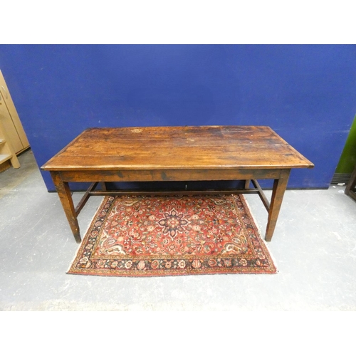 426 - 18th century oak five plank country table raised on square tapered supports, united by a 'H' stretch... 