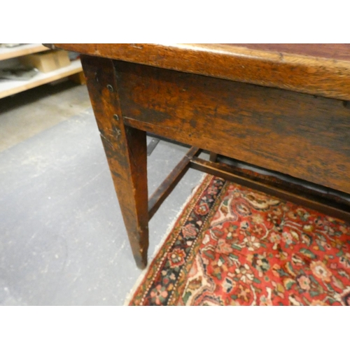 426 - 18th century oak five plank country table raised on square tapered supports, united by a 'H' stretch... 