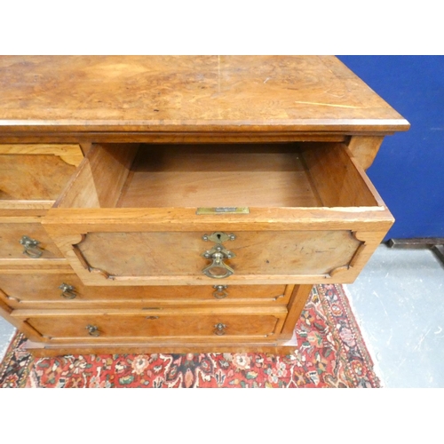 428 - 20th century Queen Anne revival walnut veneered two over three chest of drawers, with pull ring hand... 